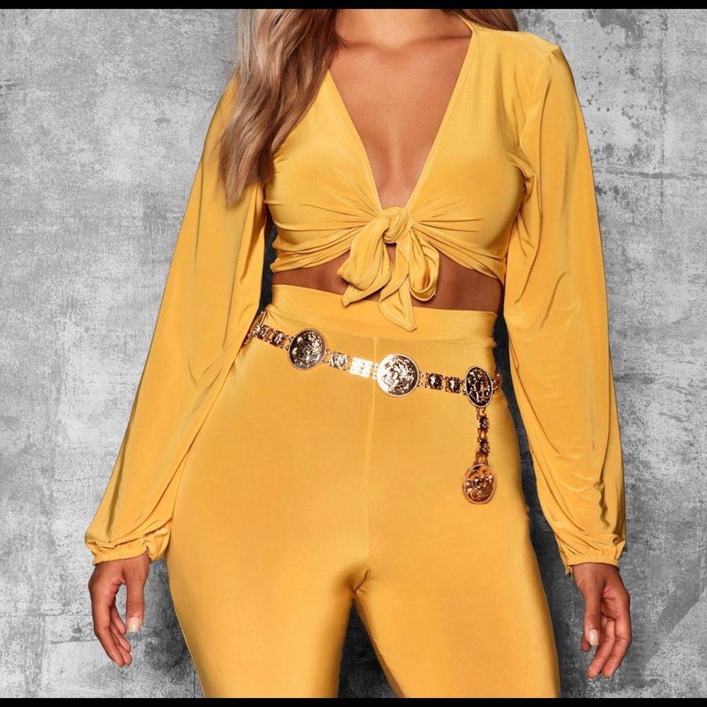 Boohoo Mustard Tie Front Slinky Top